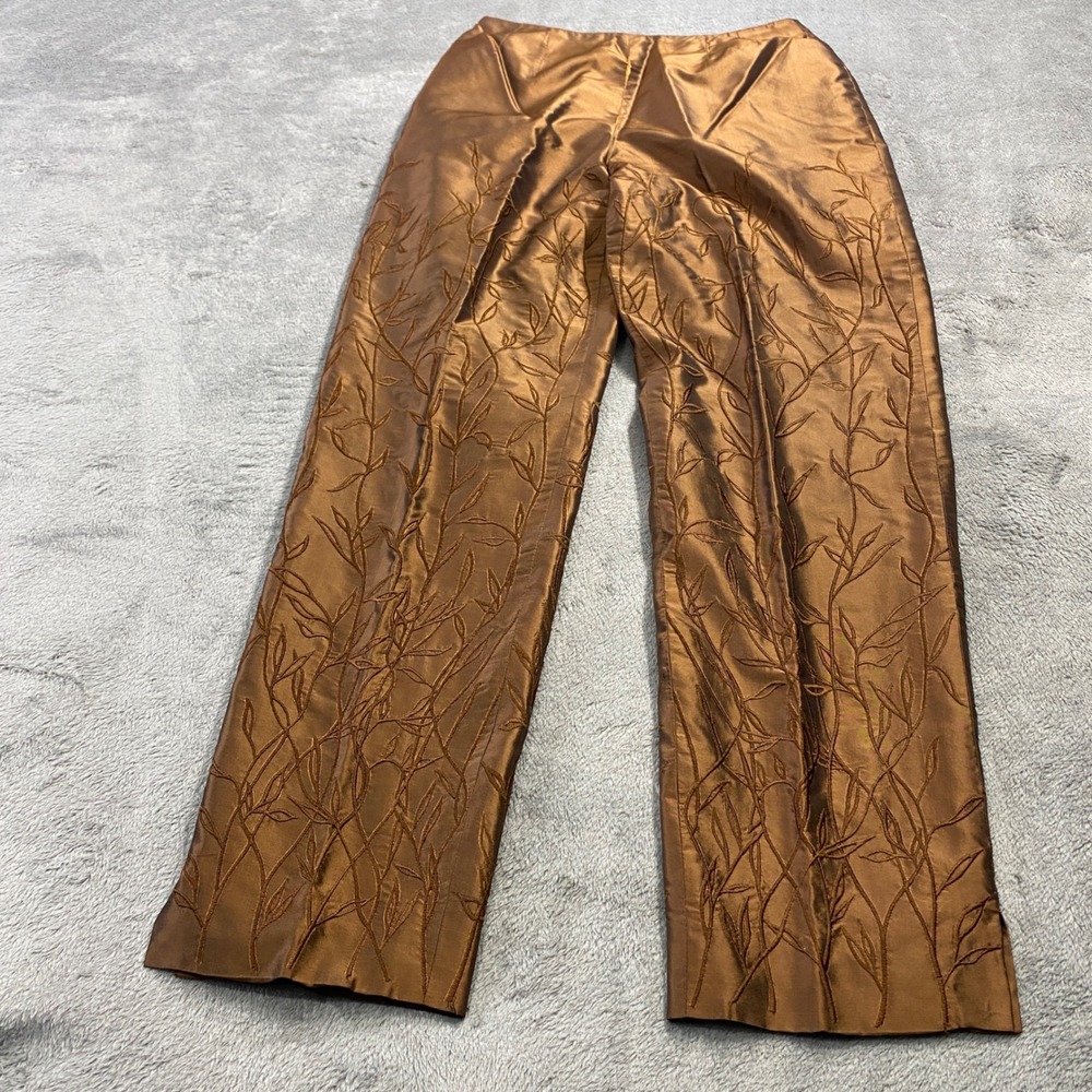 Anne Klein II Trousers Womens 8P Bronze Silk Embroidered Leaf Straight Leg Pants